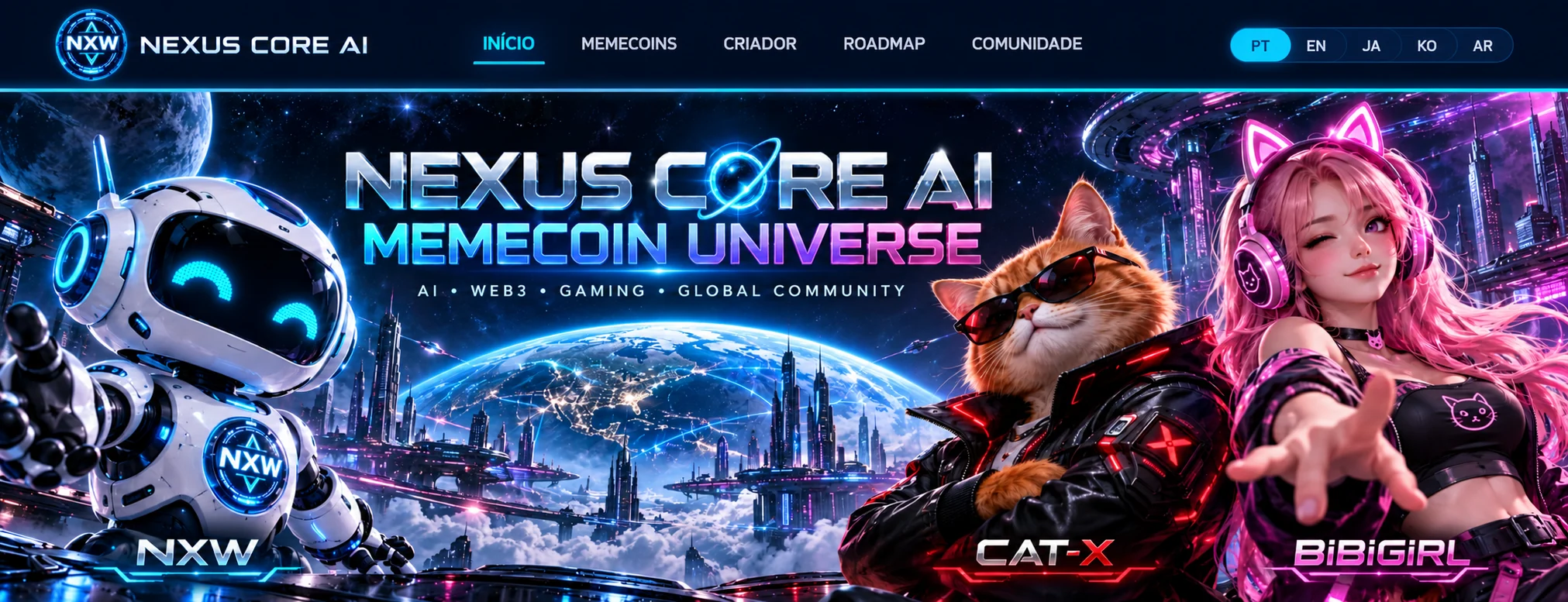 NEXUS CORE AI — MEMECOIN UNIVERSE. NXW, CAT-X, BiBiGIRL. AI, Web3, gaming and global community.
